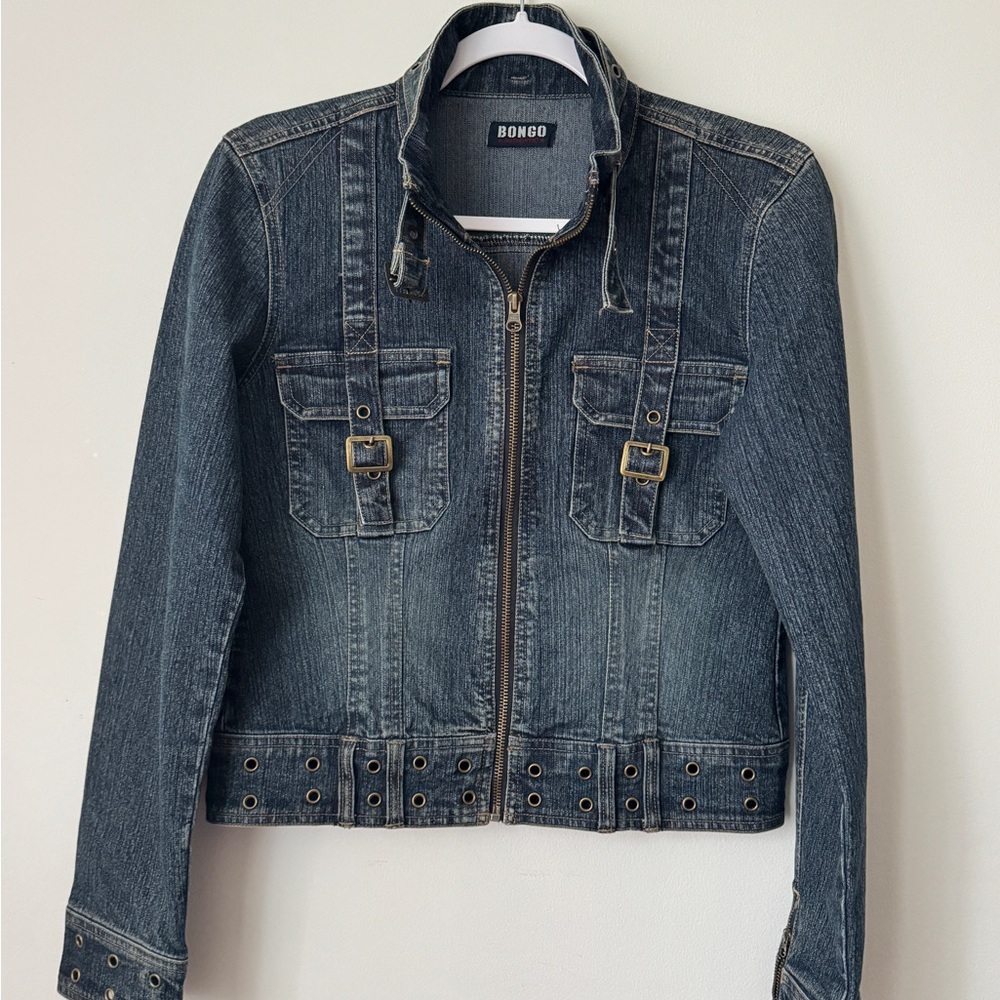 Vintage BONGO Dark Blue Jean Jacket with Buckle Accents